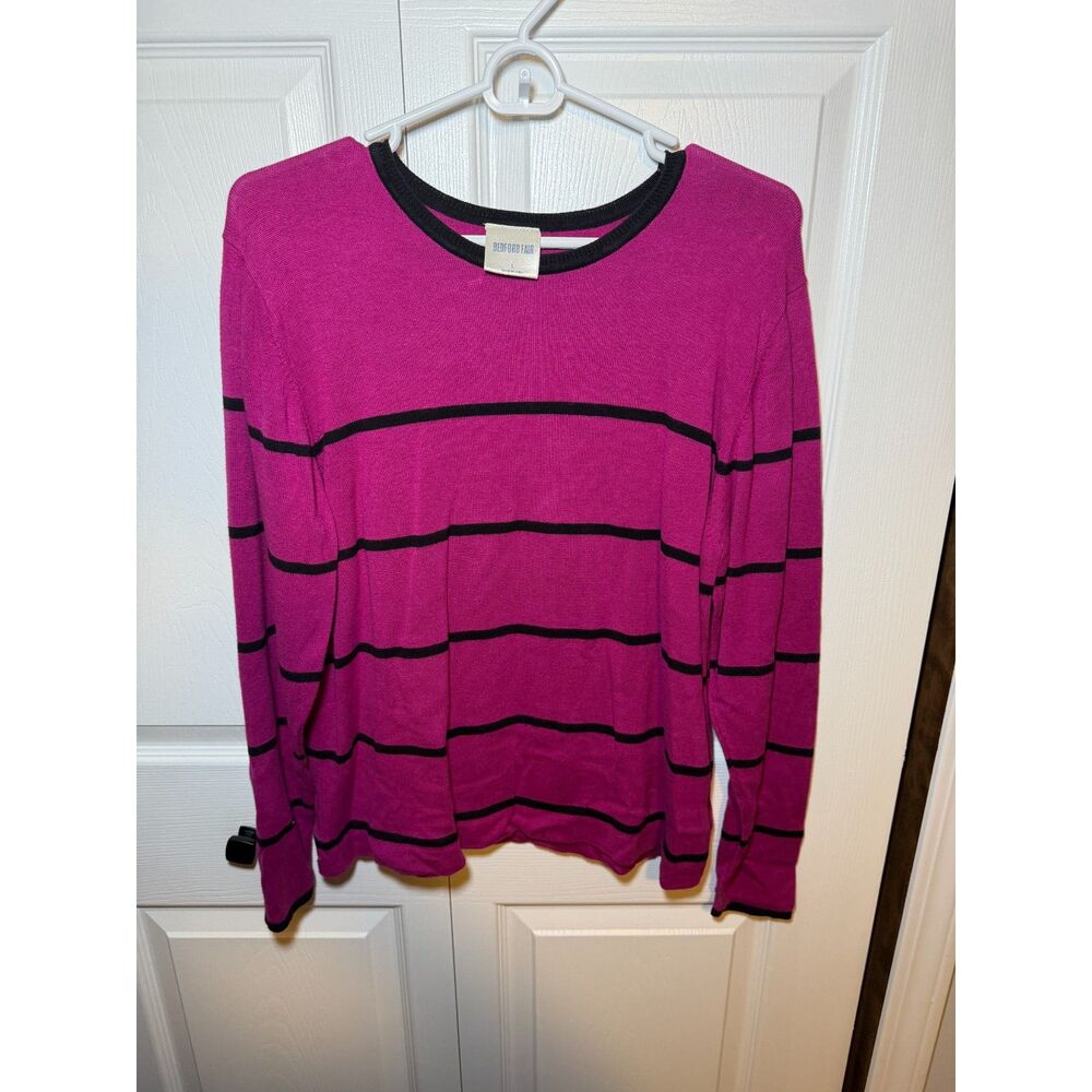 Bedford Fair Pink Black Striped Lightweight Knit Sweater Women's Large
